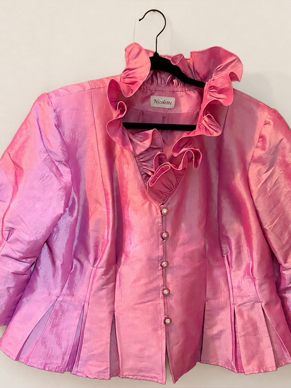 Nicolette 22W Pink Iridescent Ruffle Peplum Jacket Rhinestone Buttons